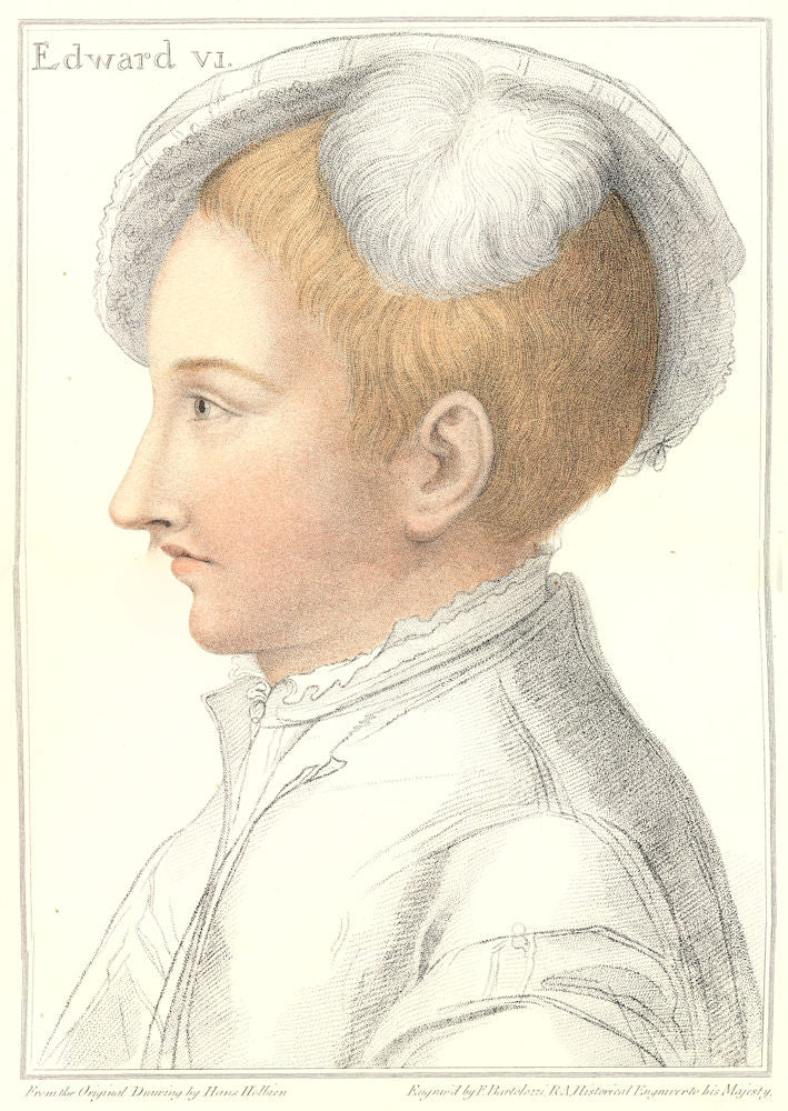 King Edward VI (the Sixth) by Bartolozzi / Holbein. Henry VIII's court 1884